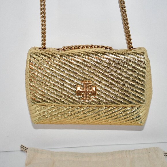 Tory Burch SMALL Moto Quilted Metallic Leather Convertible Shoulder Bag in Gold - Picture 1 of 8